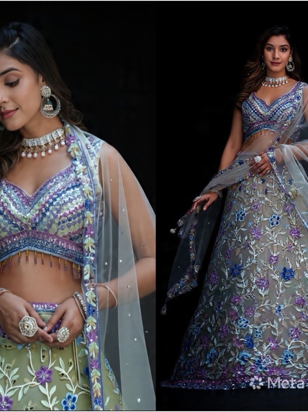 Embellished Pastel Floral Lehenga with Sheer Dupatta